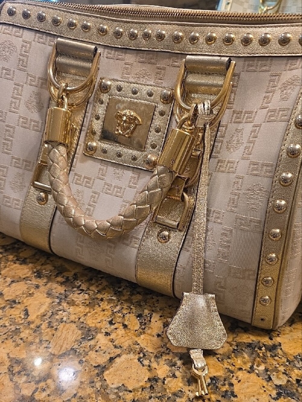 Gorgeous Versace Cream and Gold Medusa Studded Satchel with Braided Handle - Picture 6 of 16